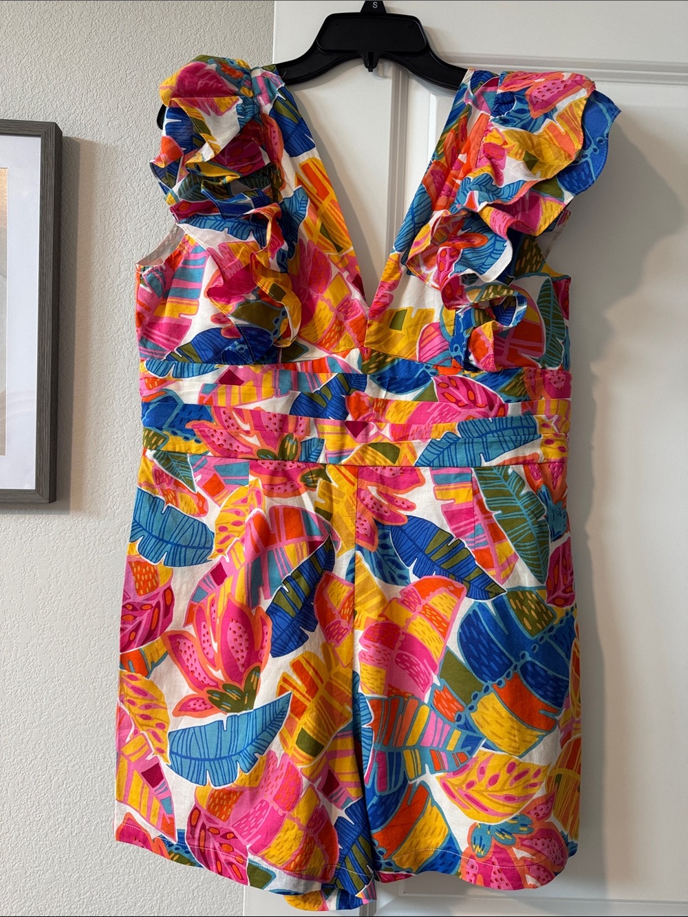 Tropical Ruffle V-Neck Romper in Bright Multi